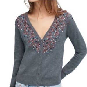 New Anthropologie Moth Confetti Gray Cotton Cashmere Cardigan Sweater Size Small